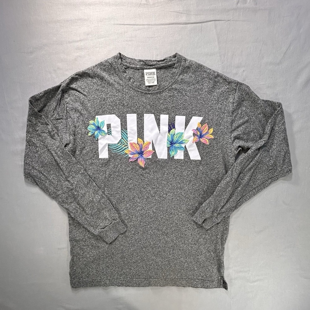 Victoria's Secret PINK Long Sleeve Gray Shirt Embroidered Floral Women's‎ Small